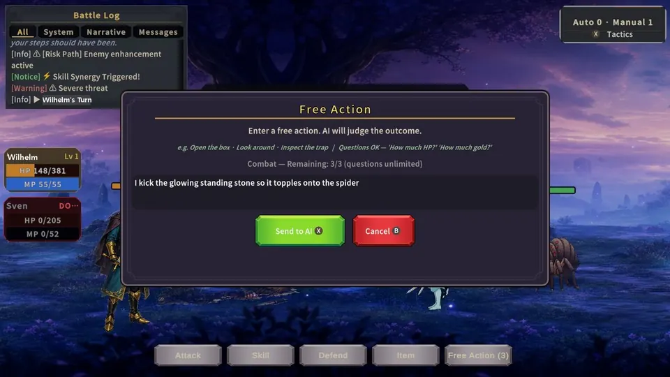 Free Action: typed action, then the AI's verdict — battle and exploration